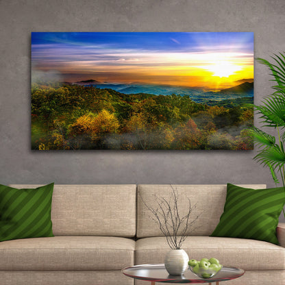 Foggy Mountain At Sunrise canvas wall art by Tailored Canvases, autumn forest sunrise scene on Tampa Home & Garden Store