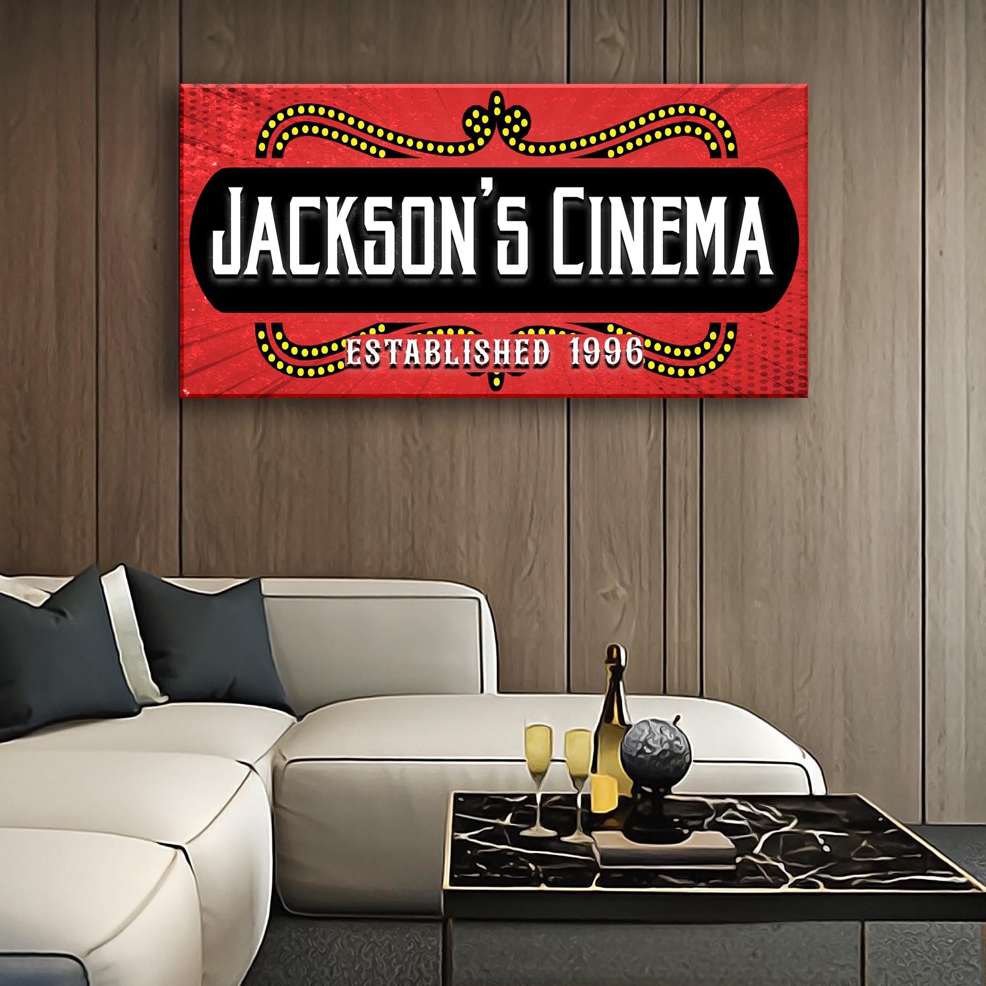 Family Cinema Sign III canvas art in red with black marquee JACKSON'S CINEMA and yellow trim on Tampa Home & Garden Store