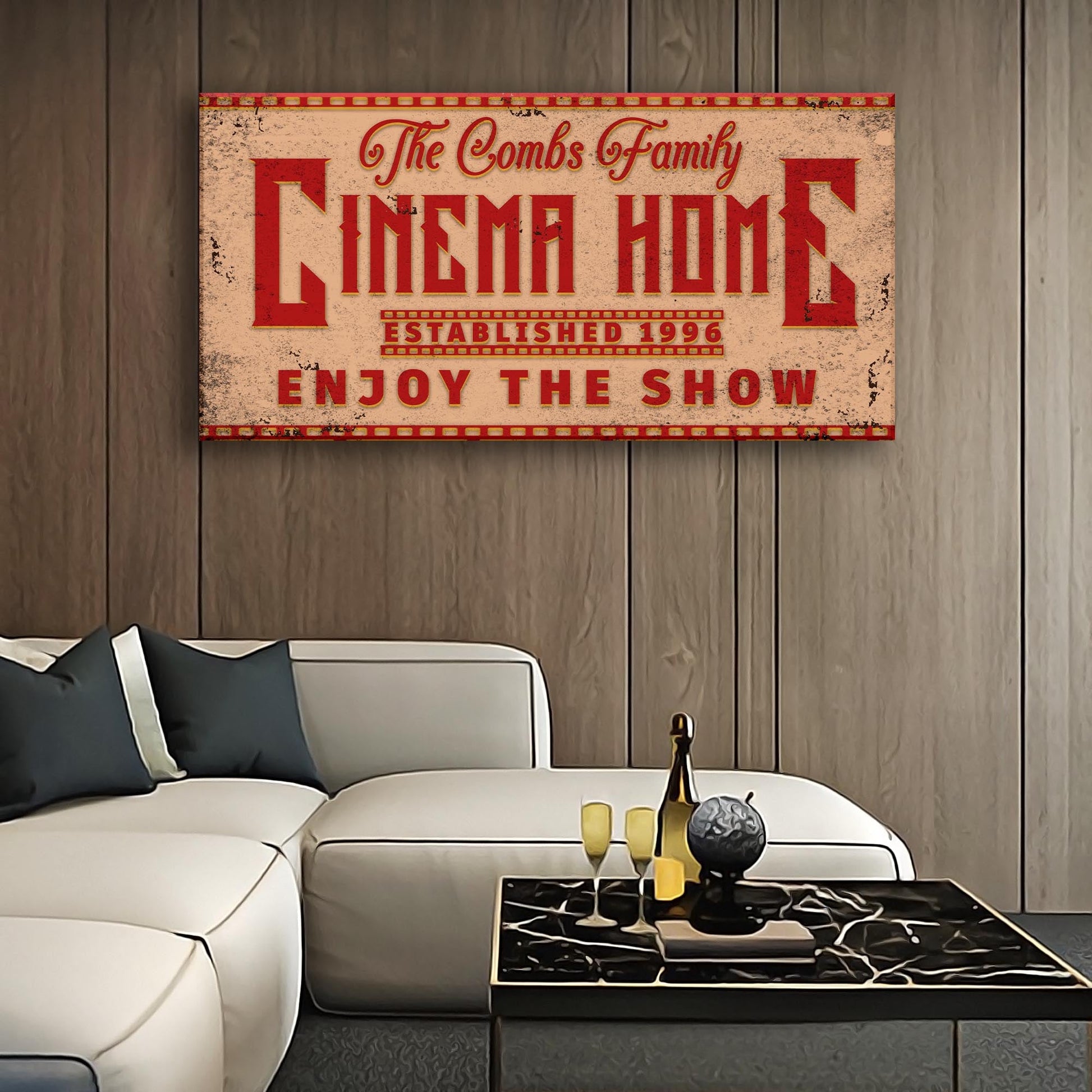 Canvas sign The Combs Family CINEMA HOME with Enjoy the Show red lettering on beige background on Tampa Home & Garden Store