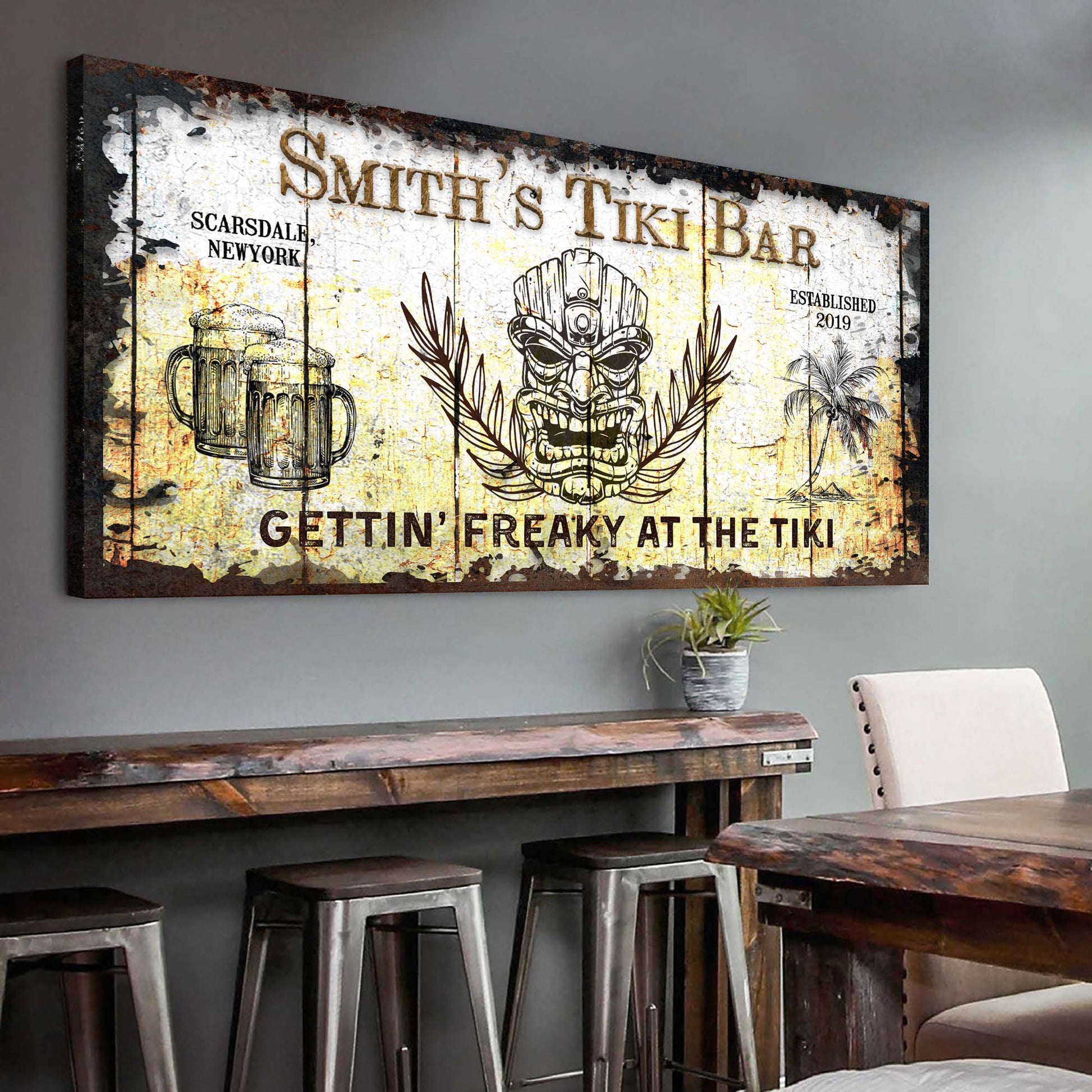 Personalized tiki bar sign canvas by Tailored Canvases with weathered finish and tiki mask on Tampa Home & Garden Store