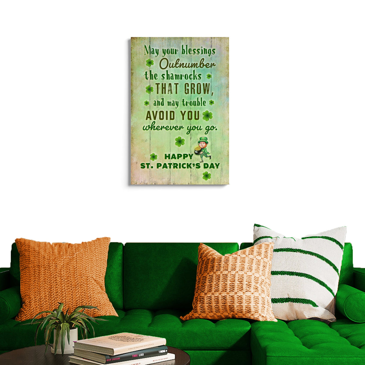 St. Patrick's Day Blessings Sign canvas green shamrocks on wood panel by Tailored Canvases on Tampa Home & Garden Store