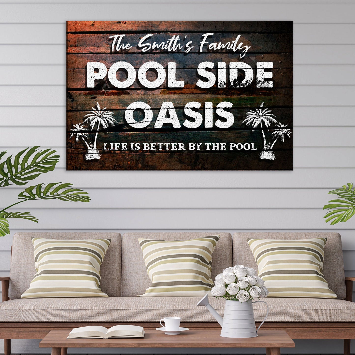 Poolside Oasis Sign canvas by Tailored Canvases with white distressed text on rustic wood on Tampa Home & Garden Store