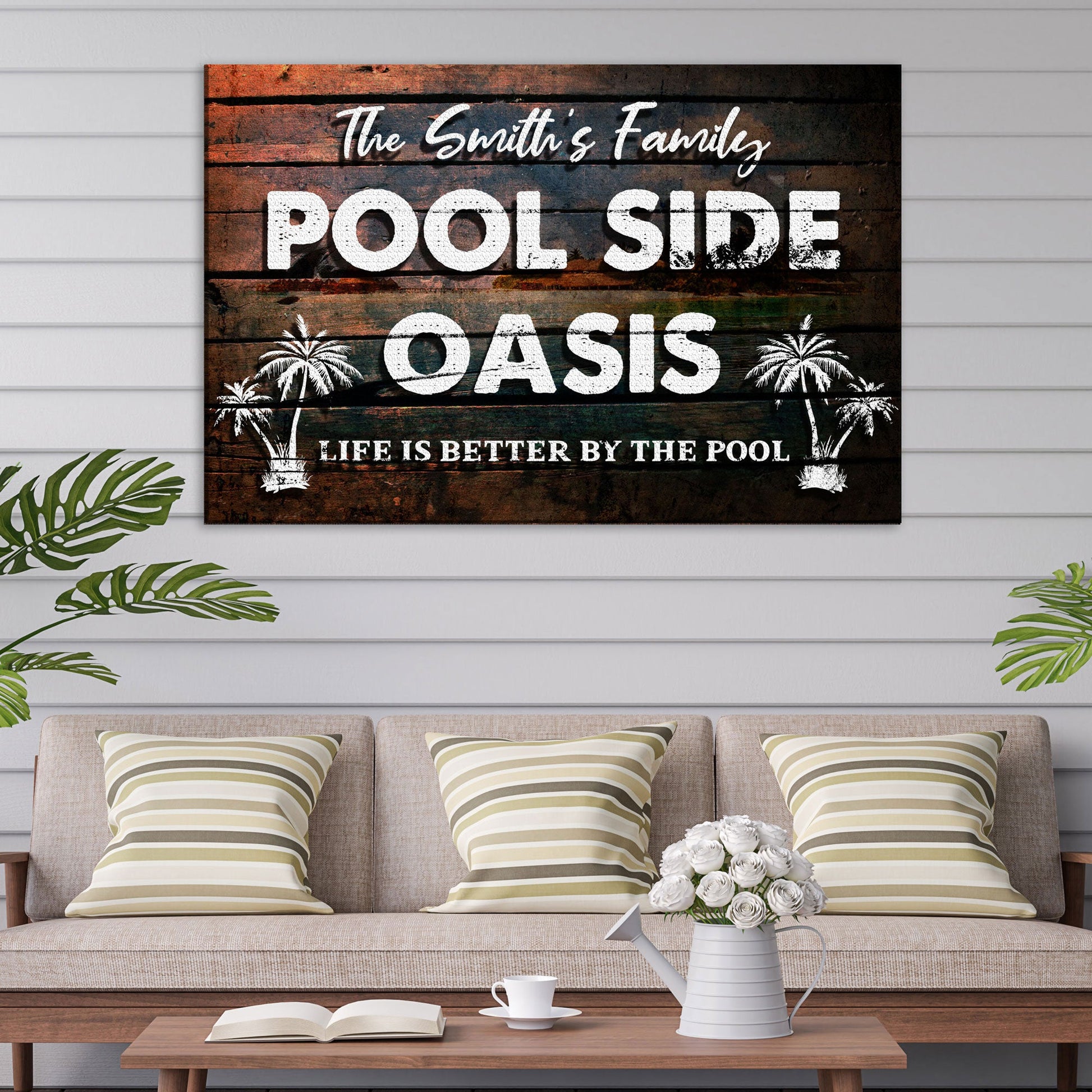 Poolside Oasis Sign canvas by Tailored Canvases with white distressed text on rustic wood on Tampa Home & Garden Store