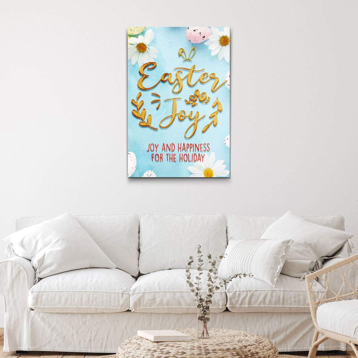 Easter Joy Sign canvas by Tailored Canvases with blue background, gold lettering, and daisies on Tampa Home & Garden Store