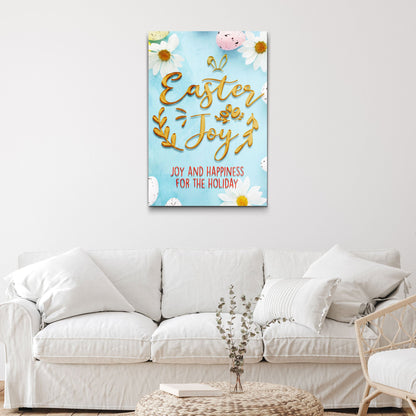Easter Joy Sign canvas by Tailored Canvases with blue background, gold lettering, and daisies on Tampa Home & Garden Store