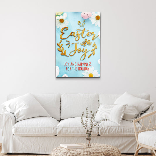 Easter Joy Sign canvas by Tailored Canvases with blue background, gold lettering, and daisies on Tampa Home & Garden Store