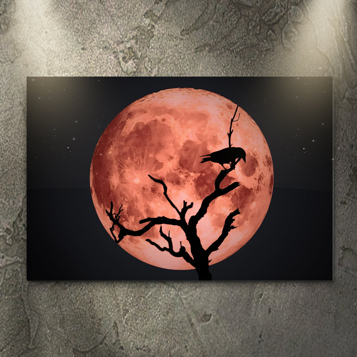 Crow and Blood Moon canvas wall art by Tailored Canvases, red moon with black bare tree branches on Tampa Home & Garden Store