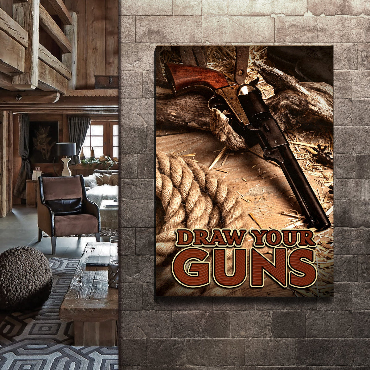 Canvas sign Draw Your Guns Western Sayings by Tailored Canvases, rustic wood and rope motif on Tampa Home & Garden Store