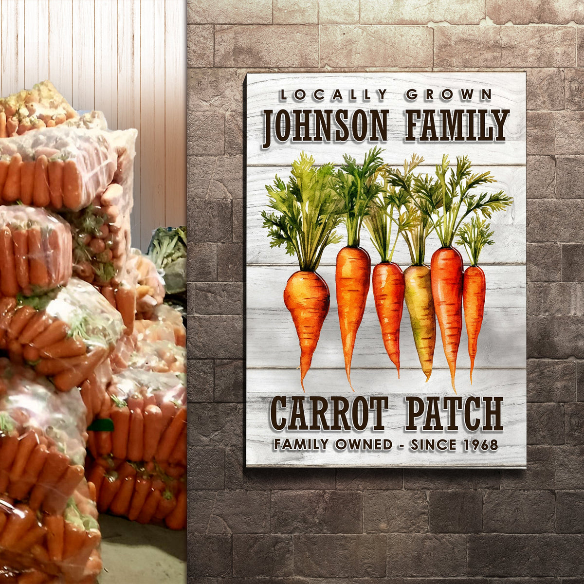 Locally Grown Carrot Patch sign canvas by Tailored Canvases with carrot illustration on Tampa Home & Garden Store
