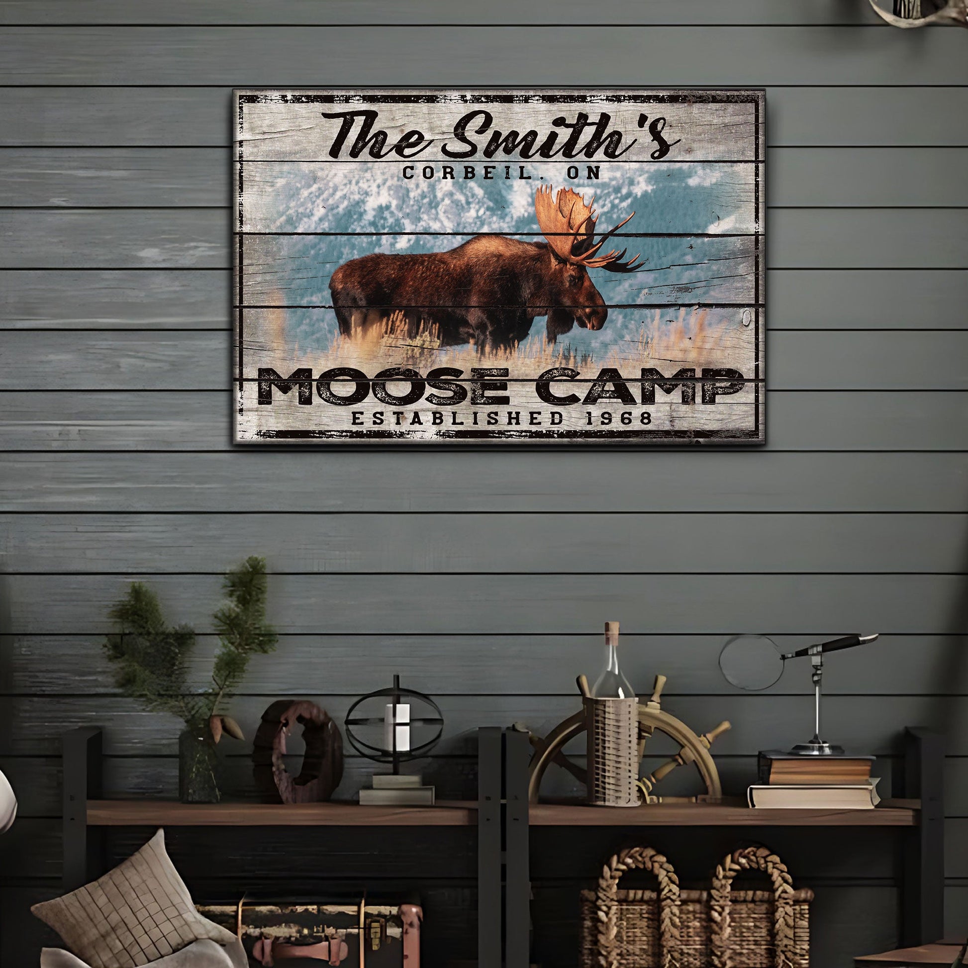 Moose Camp Sign canvas by Tailored Canvases with rustic wood plank backdrop on Tampa Home & Garden Store
