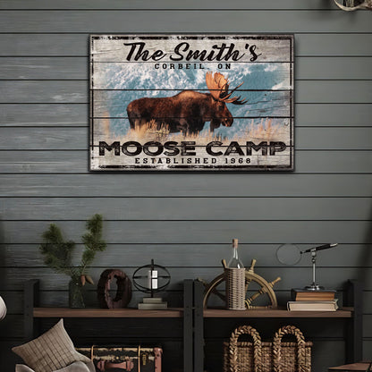 Moose Camp Sign canvas by Tailored Canvases with rustic wood plank backdrop on Tampa Home & Garden Store
