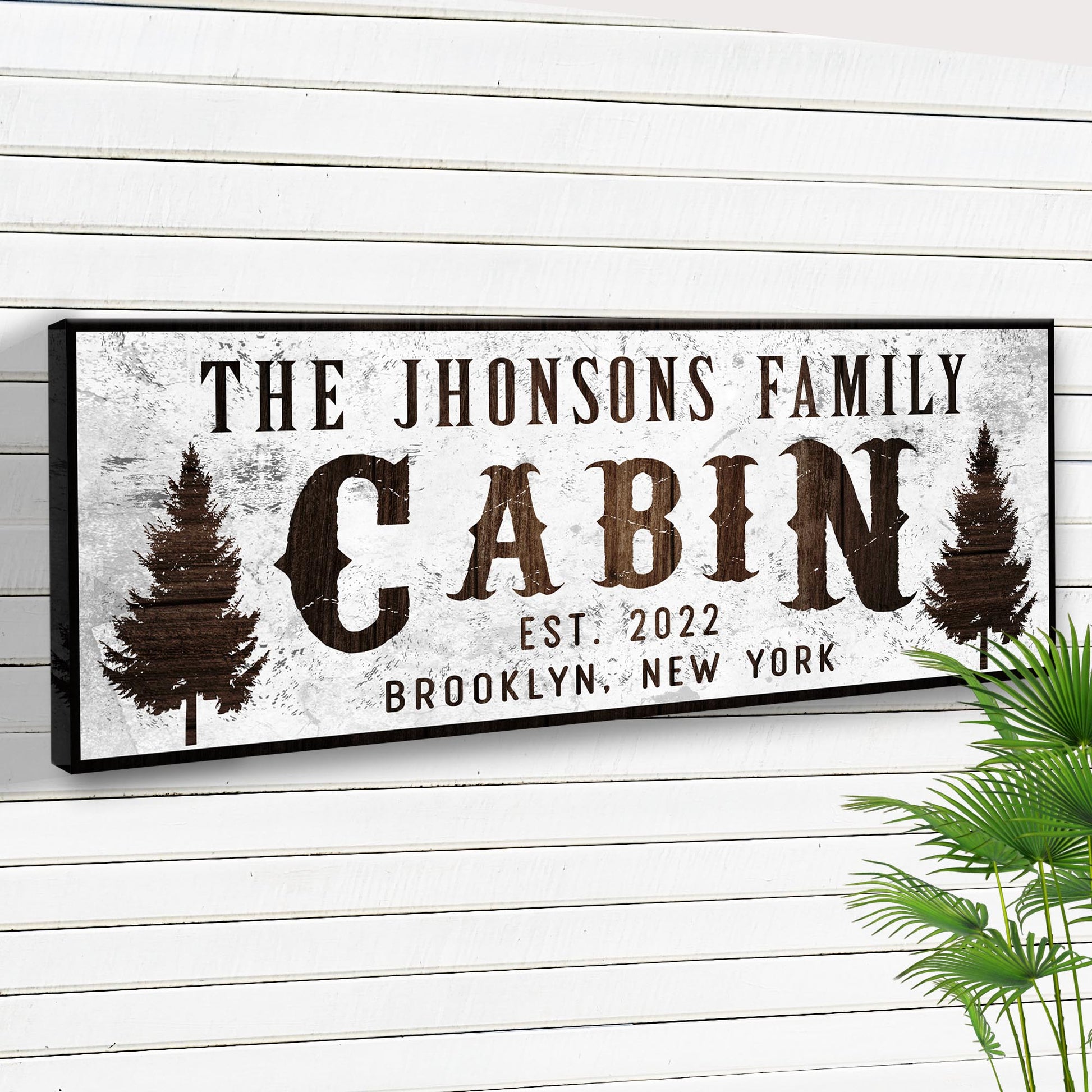 Family Cabin Sign II canvas with white background and pine trees The Johnsons Family on Tampa Home & Garden Store