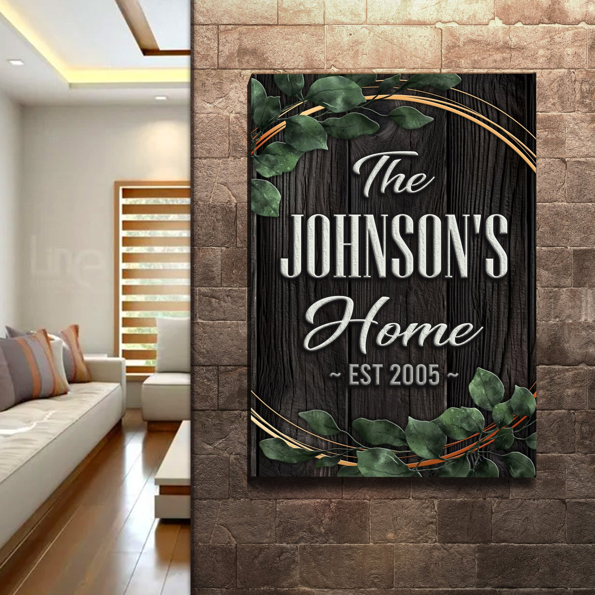 Family Home Sign II canvas wall art by Tailored Canvases with leaves and gold arcs on wood on Tampa Home & Garden Store