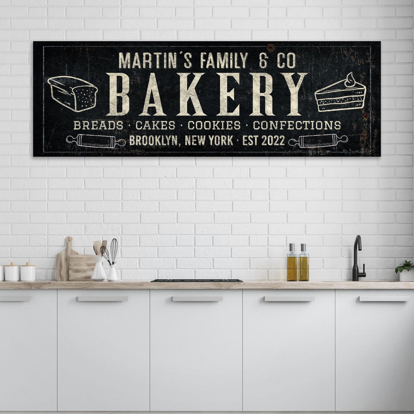 Bakery sign canvas with black distressed finish and beige typography Tailored Canvases on Tampa Home & Garden Store