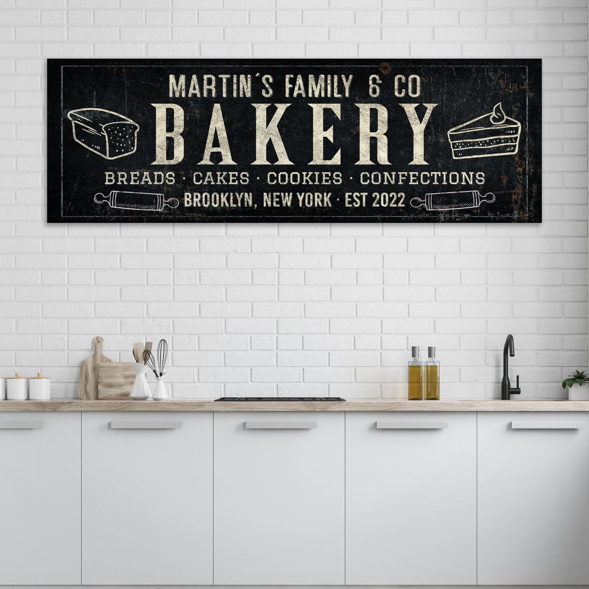 Bakery sign canvas with black distressed finish and beige typography Tailored Canvases on Tampa Home & Garden Store