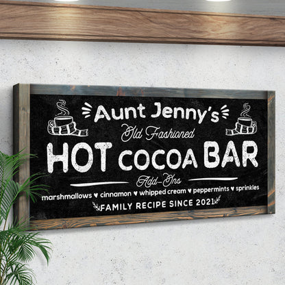 Canvas sign with Aunt Jenny's Old Fashioned Hot Cocoa Bar in chalkboard style on Tampa Home & Garden Store