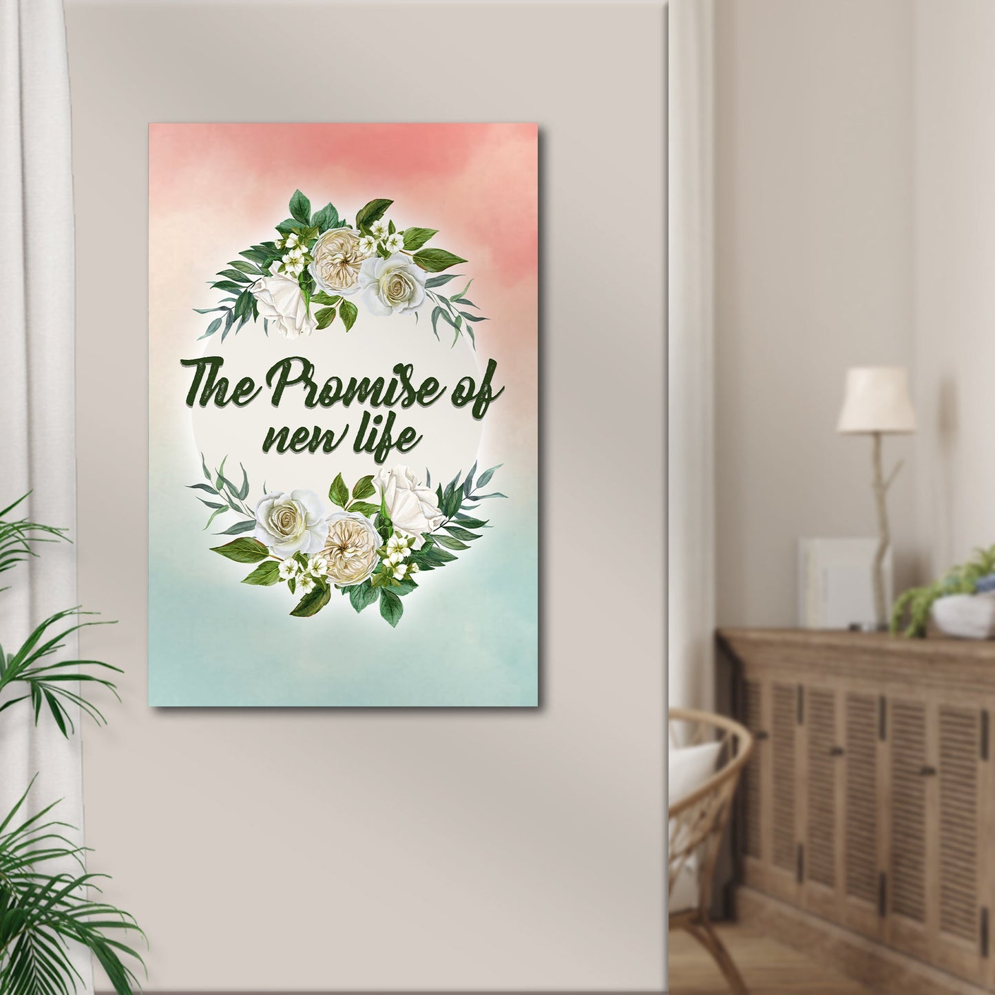 The Promise of New Life Sign canvas with white roses and greenery on pastel Tailored Canvases on Tampa Home & Garden Store
