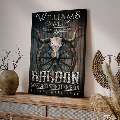 Western Cowboy Saloon Sign canvas by Tailored Canvases with wood panel and longhorn skull on Tampa Home & Garden Store
