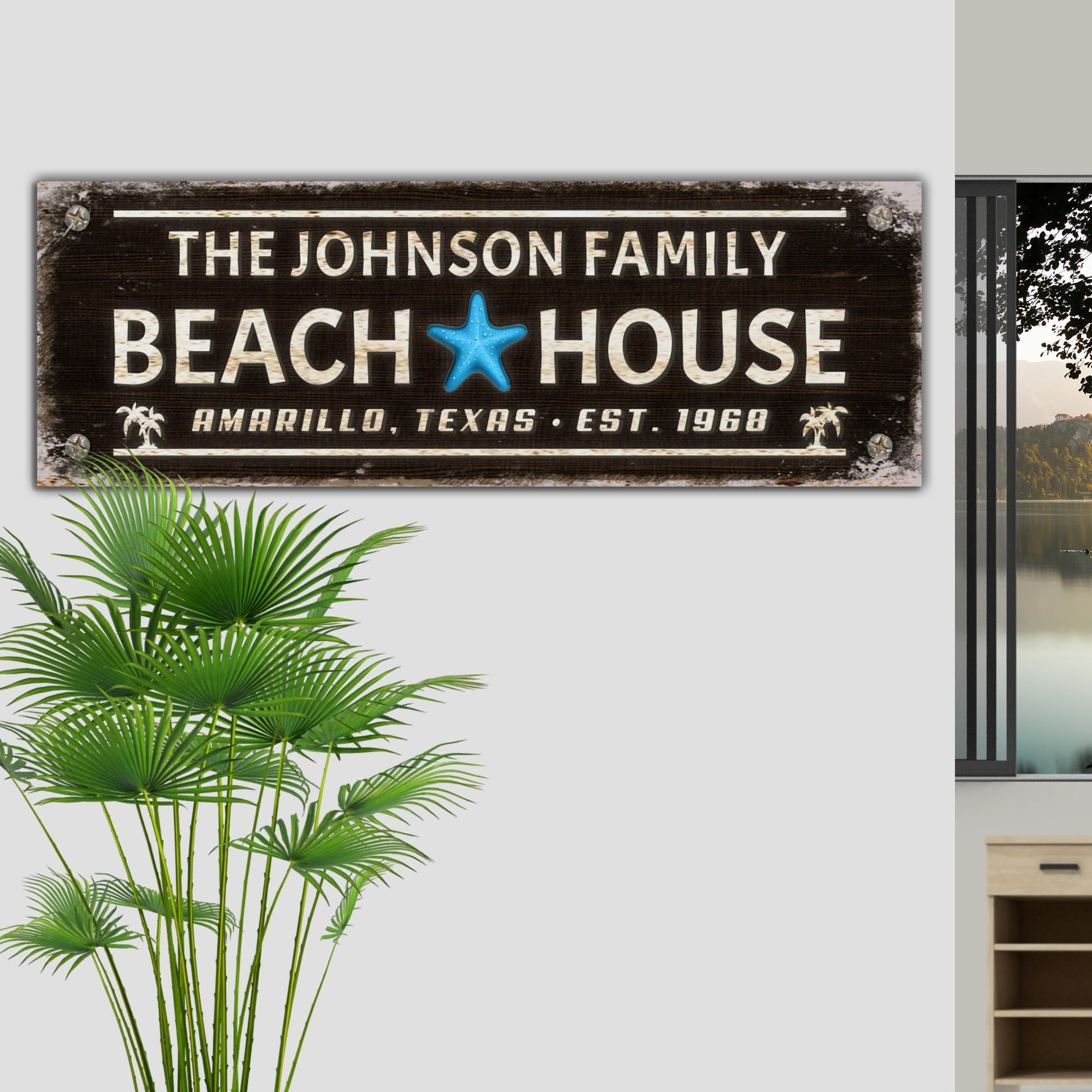 Family Beach House Sign III canvas with distressed wood texture and bold white lettering on Tampa Home & Garden Store