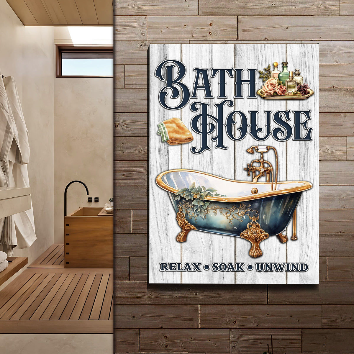 Bath House Sign canvas with vintage navy lettering and bath icons on whitewashed wood on Tampa Home & Garden Store