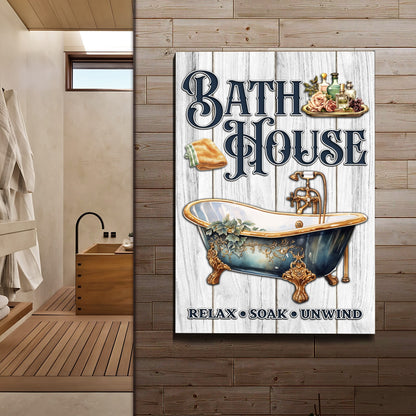 Bath House Sign canvas with vintage navy lettering and bath icons on whitewashed wood on Tampa Home & Garden Store