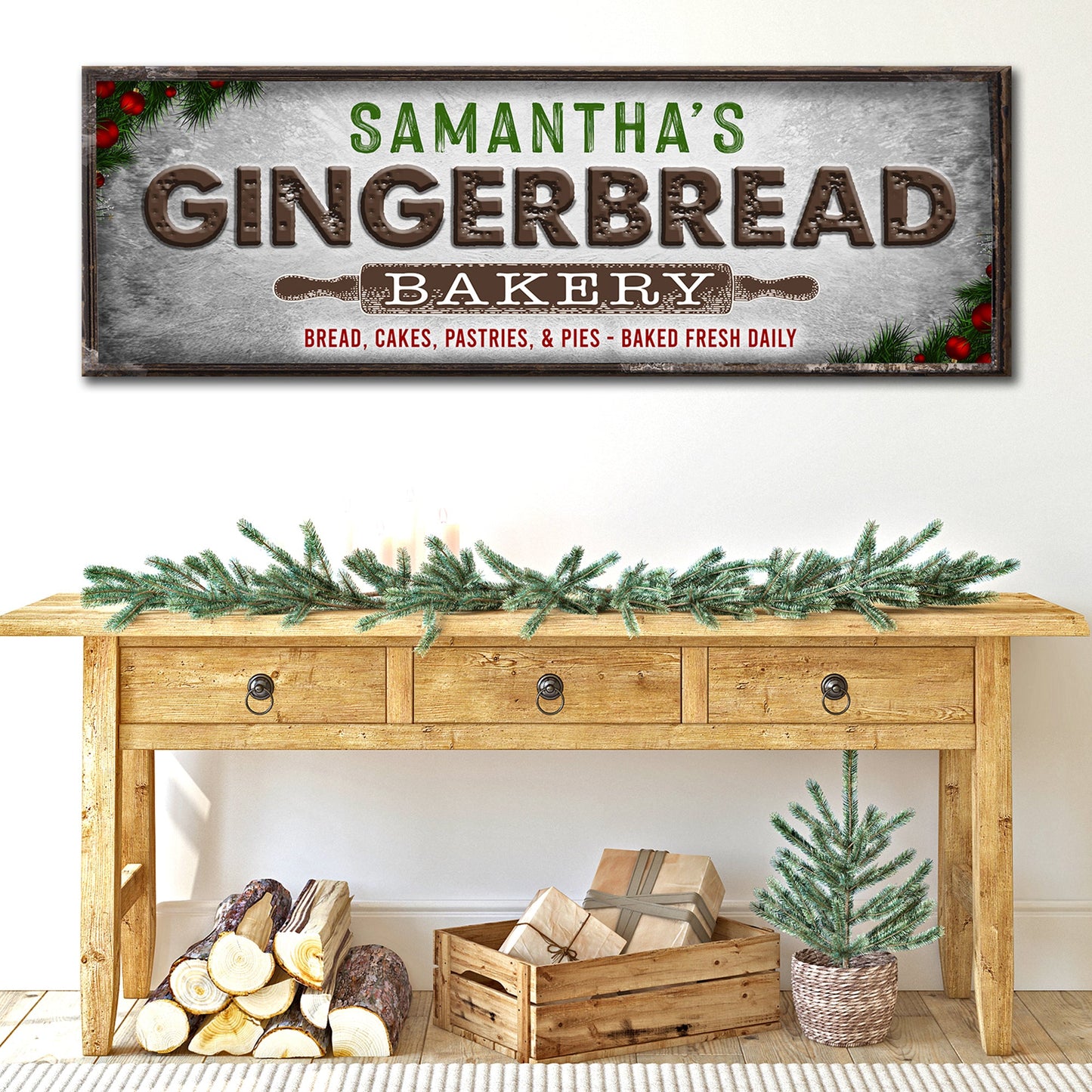Bakery sign canvas with Samantha's Gingerbread in green and brown on a rustic wood frame on Tampa Home & Garden Store