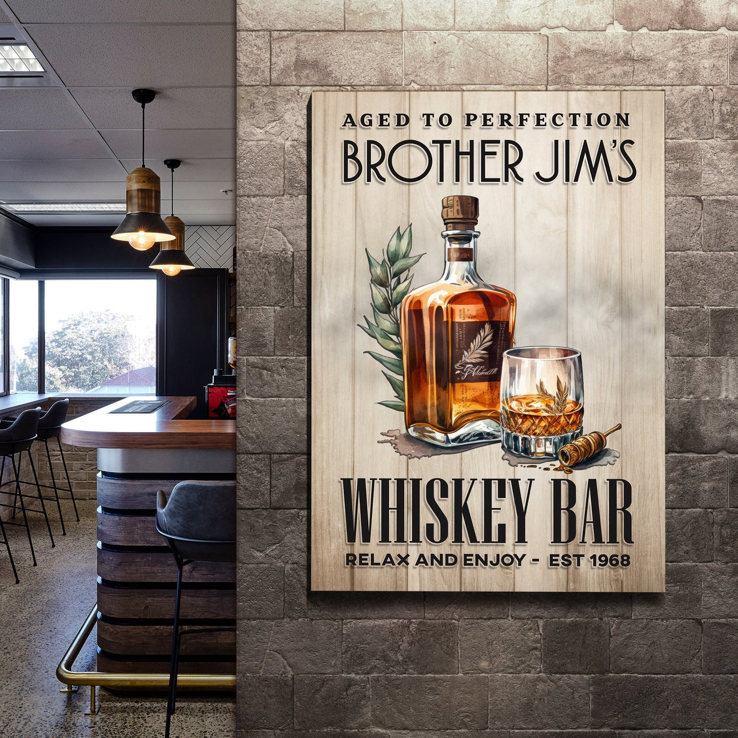 Aged To Perfection Whiskey Bar Sign canvas with wood panel backdrop Tailored Canvases on Tampa Home & Garden Store