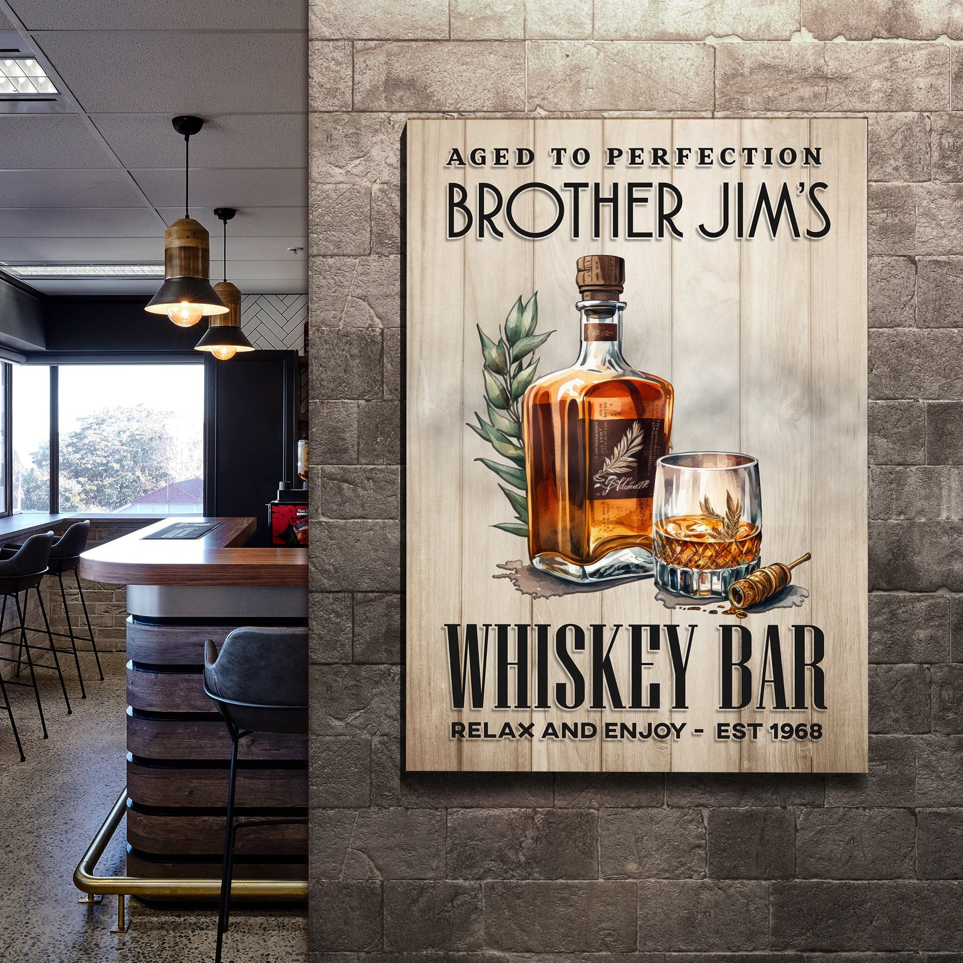 Aged To Perfection Whiskey Bar Sign canvas with wood panel backdrop Tailored Canvases on Tampa Home & Garden Store