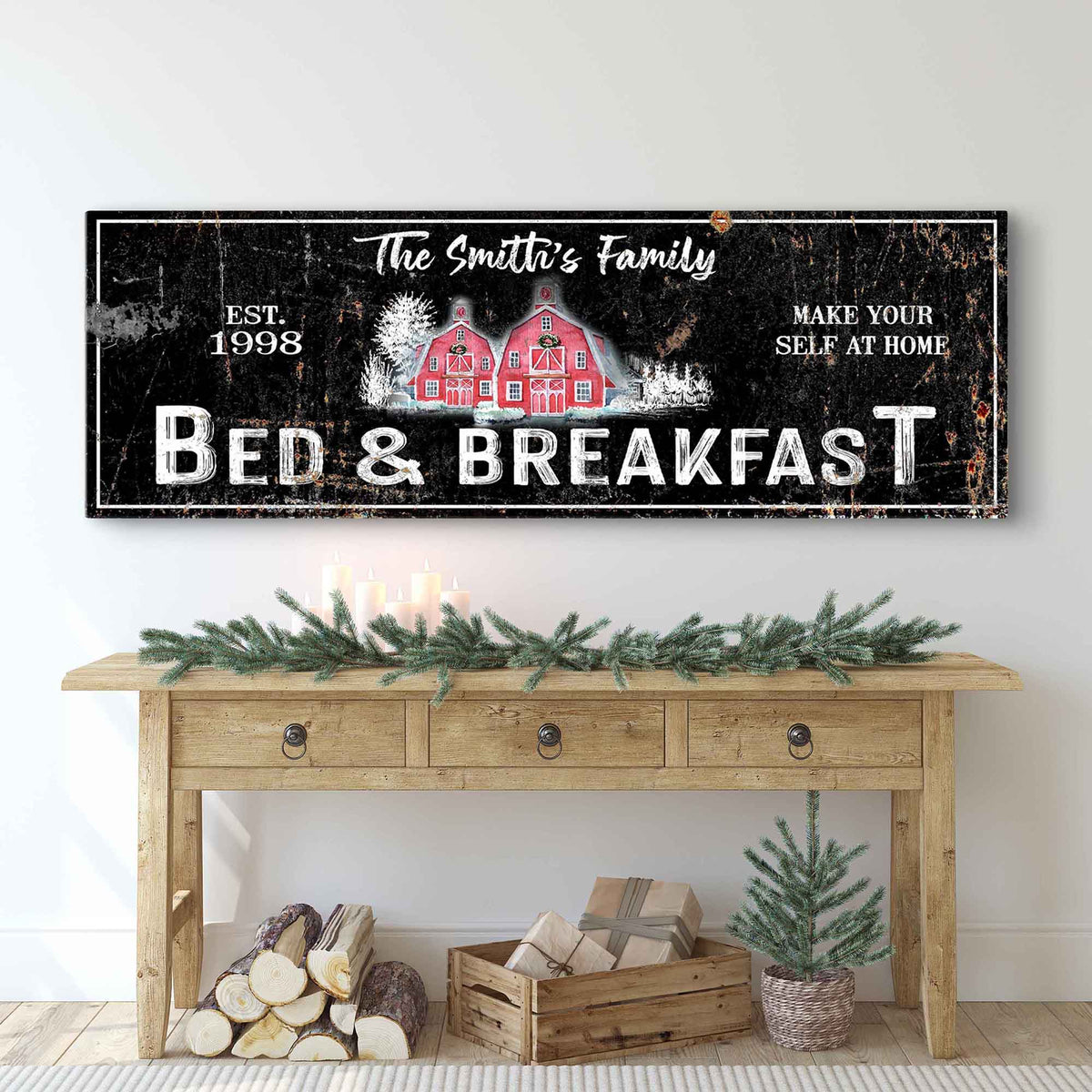 Christmas Bed & Breakfast Sign canvas with black surface and red barn illustration on Tampa Home & Garden Store