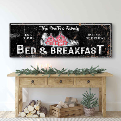 Christmas Bed & Breakfast Sign canvas with black surface and red barn illustration on Tampa Home & Garden Store