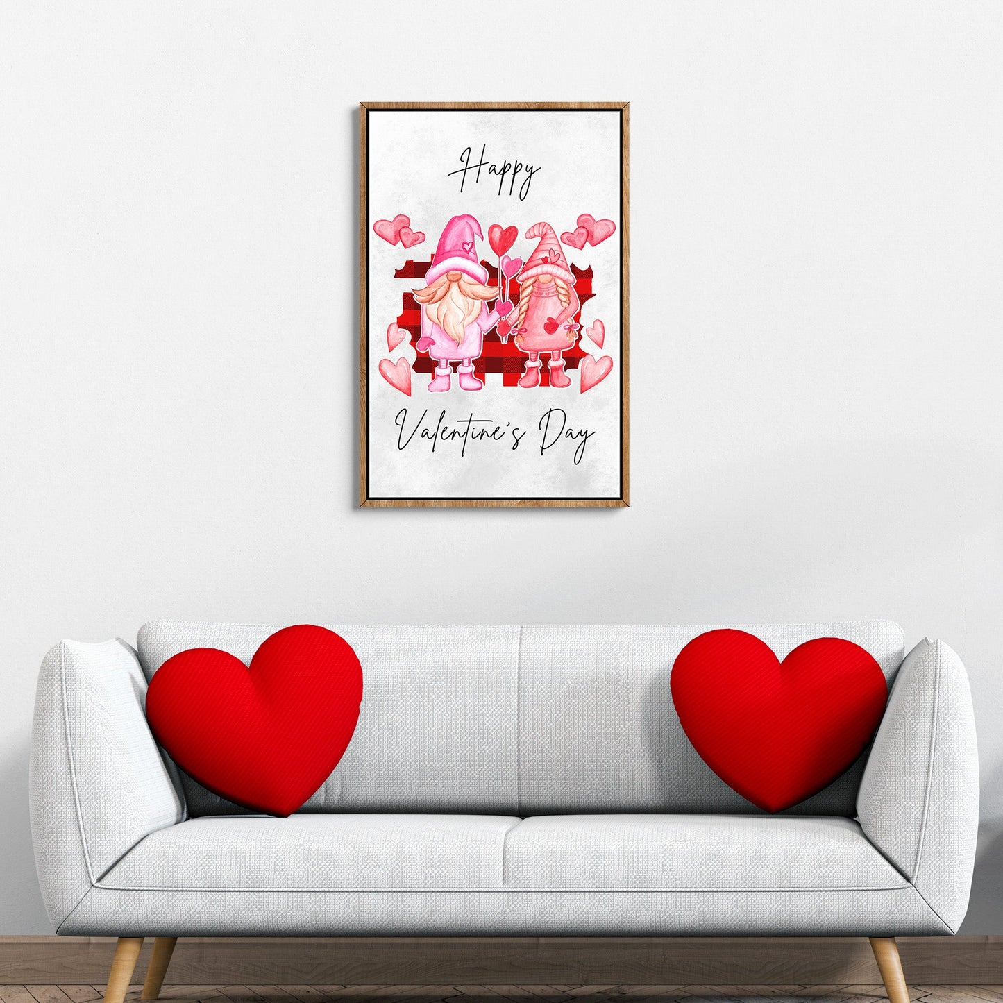 Valentine's Gnomes Sign canvas by Tailored Canvases with pink gnomes and hearts on a wood frame on Tampa Home & Garden Store