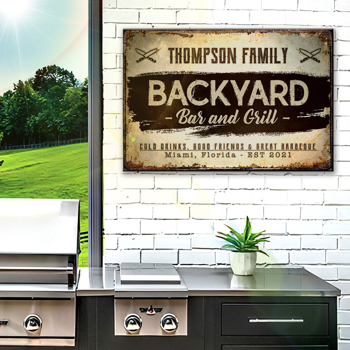 Backyard Bar And Grill Sign VIII canvas with rustic vintage tan and brown lettering on Tampa Home & Garden Store