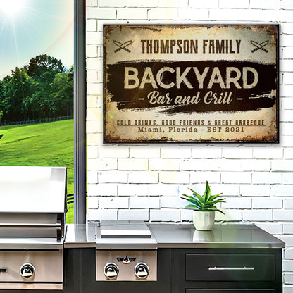Backyard Bar And Grill Sign VIII canvas with rustic vintage tan and brown lettering on Tampa Home & Garden Store