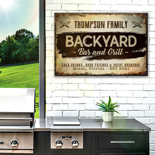 Backyard Bar And Grill Sign VIII canvas with rustic vintage tan and brown lettering on Tampa Home & Garden Store