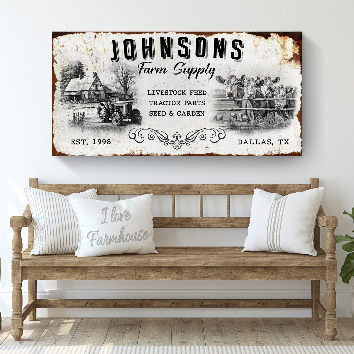 Family Farm Supply Sign canvas with farm scene, tractor and cows, rustic distressed edges on Tampa Home & Garden Store