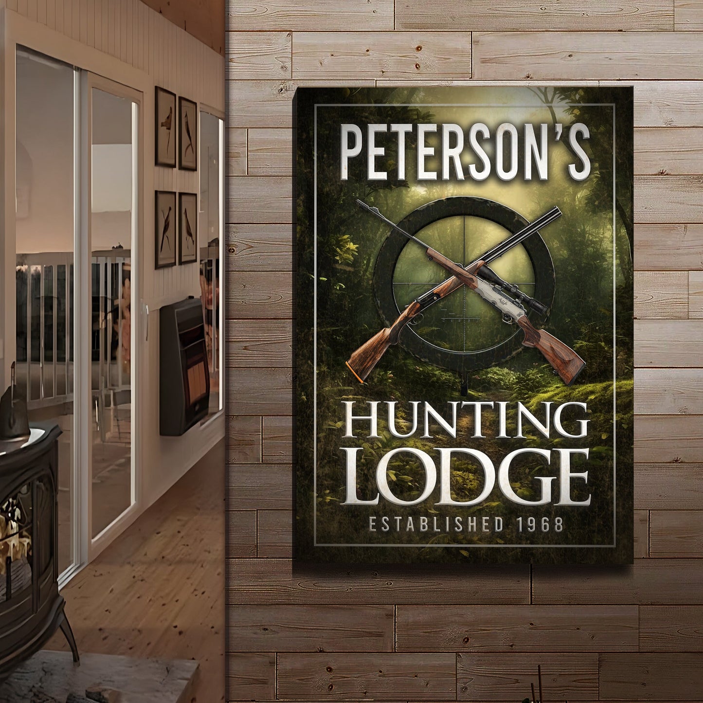 Family Hunting Lodge canvas sign by Tailored Canvases with rifle graphic and woodland backdrop on Tampa Home & Garden Store