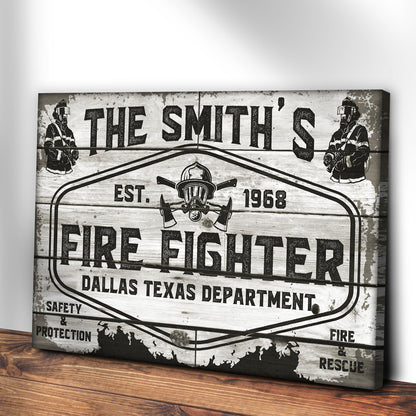 Fire Fighter Canvas with distressed vintage firefighter art and silhouettes on ends on Tampa Home & Garden Store