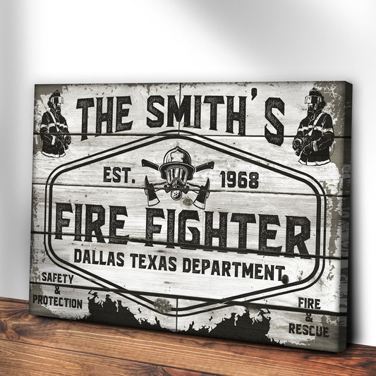 Fire Fighter Canvas with distressed vintage firefighter art and silhouettes on ends on Tampa Home & Garden Store