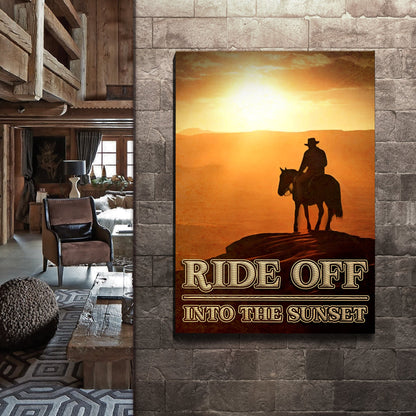 Canvas wall art Ride Off Into The Sunset with cowboy silhouette at sunset on orange canvas on Tampa Home & Garden Store