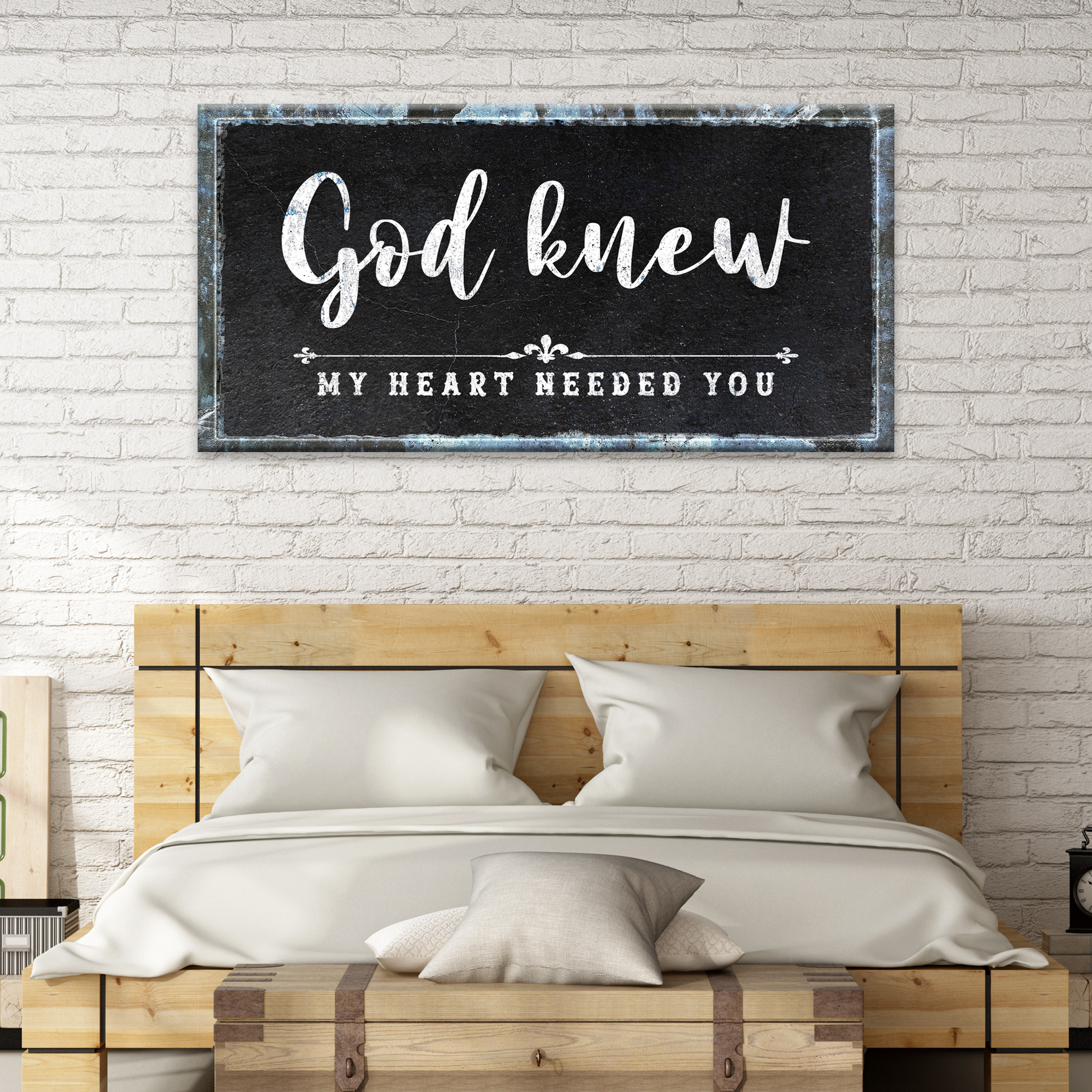 God Knew Sign III canvas; black chalkboard with white script and distressed metal frame on Tampa Home & Garden Store