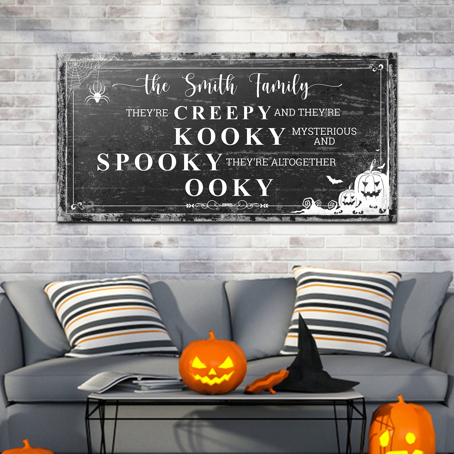 Family Halloween Sign canvas with distressed chalkboard look and pumpkins on Tampa Home & Garden Store