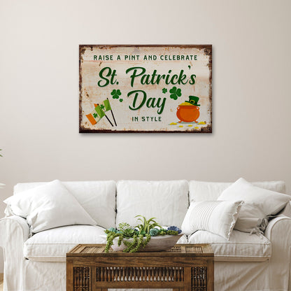 Canvas sign by Tailored Canvases, distressed white background, green St Patrick's Day lettering on Tampa Home & Garden Store