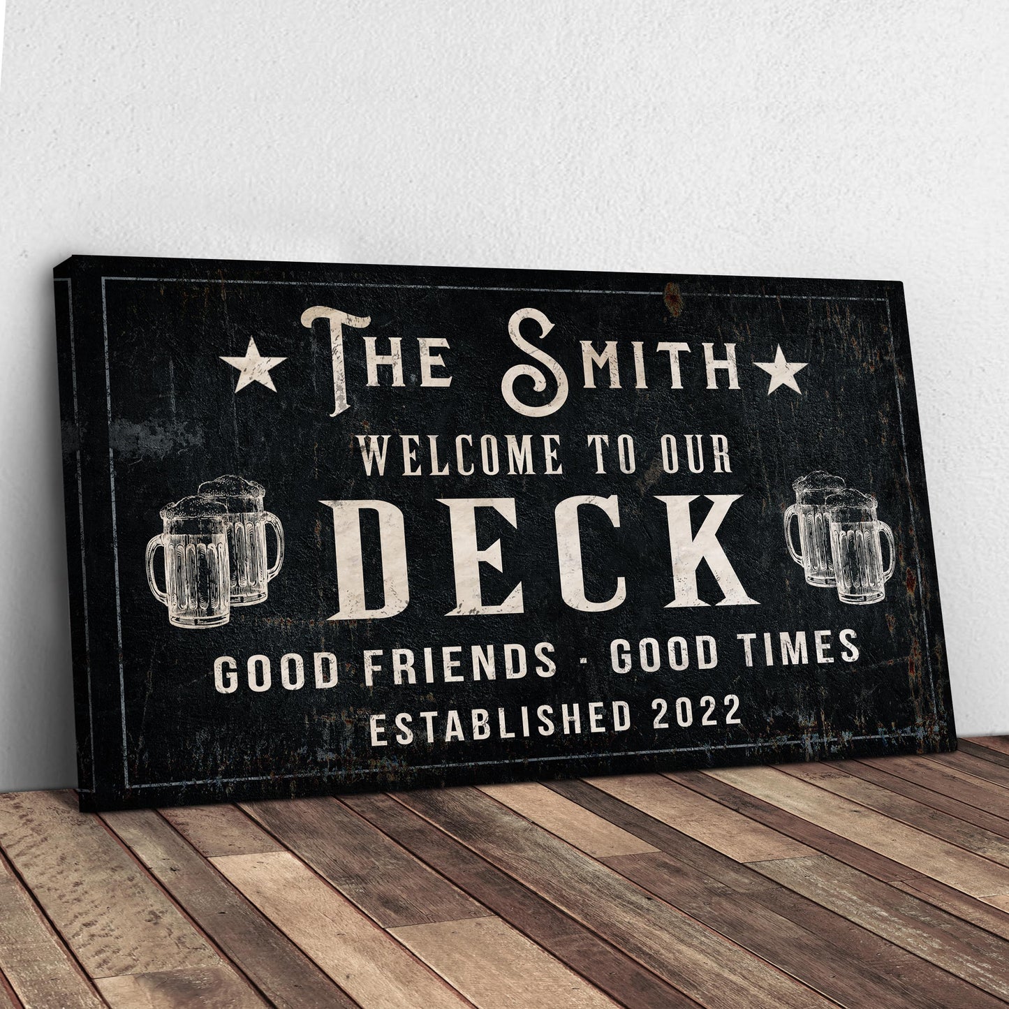 Canvas deck sign in black with Good Friends Good Times, beer mugs on Tampa Home & Garden Store