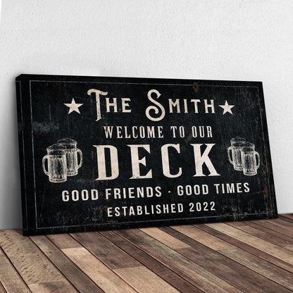 Canvas deck sign in black with Good Friends Good Times, beer mugs on Tampa Home & Garden Store