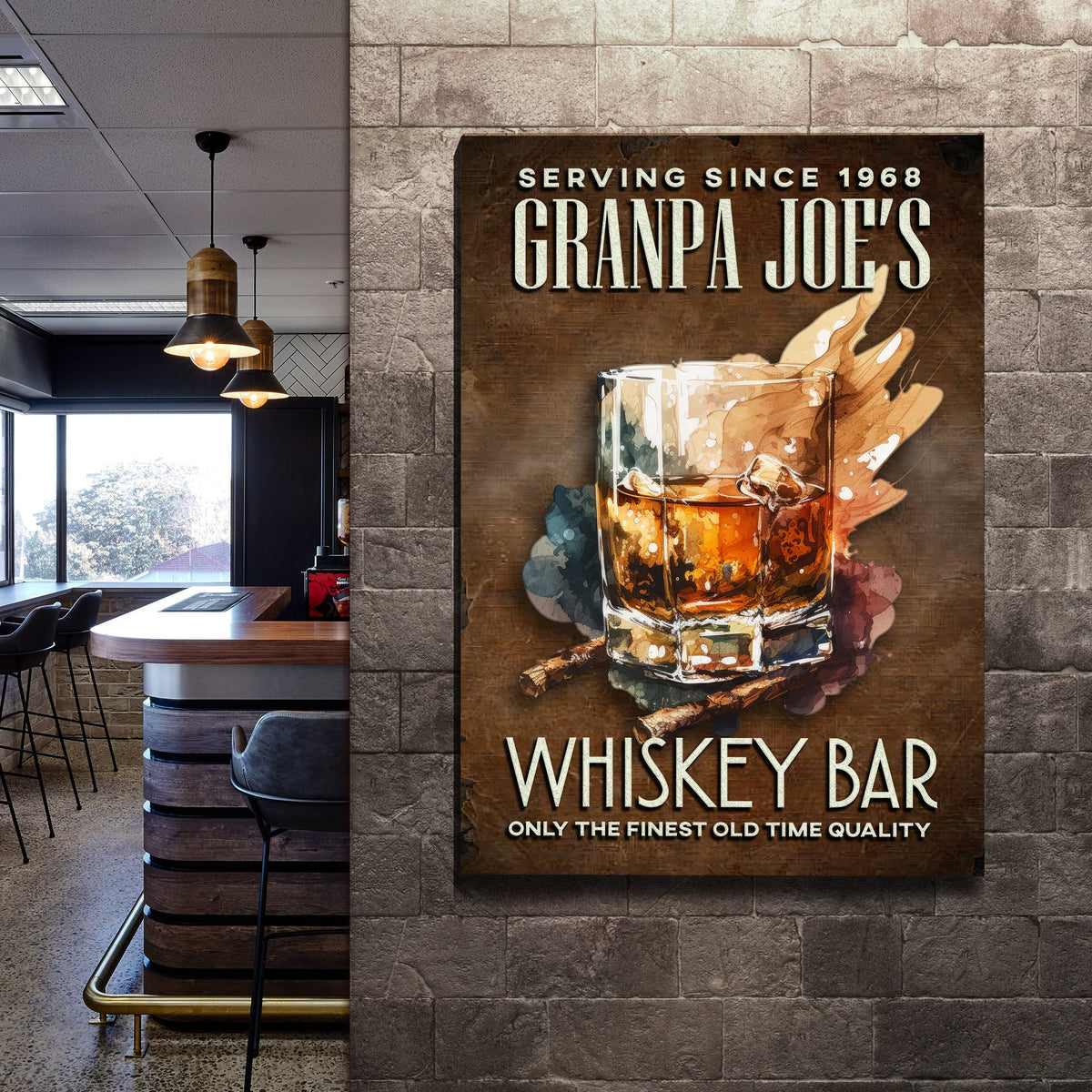 Canvas Only The Finest Whiskey Bar Sign by Tailored Canvases, rustic wood panel with whiskey art on Tampa Home & Garden Store