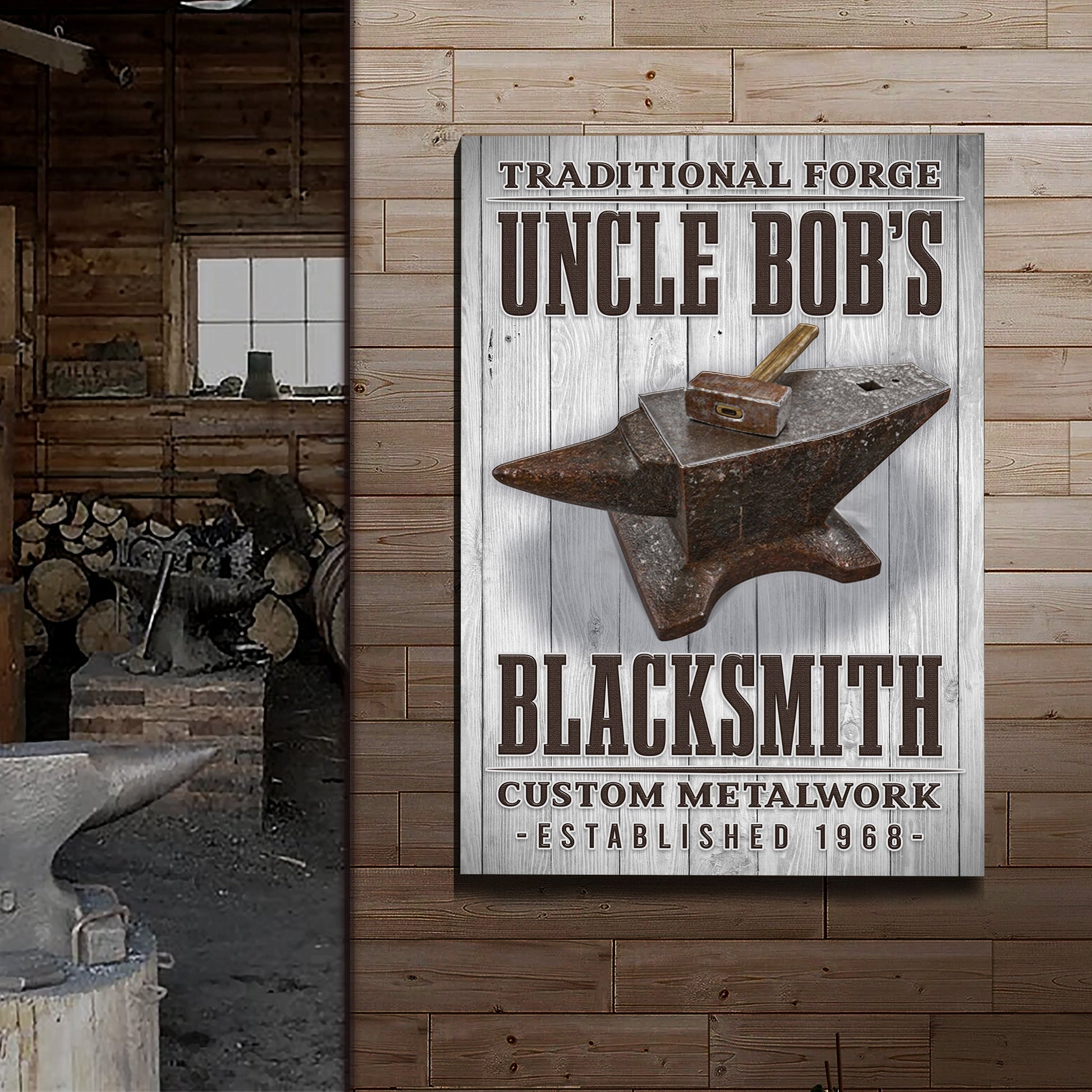 Traditional Forger Blacksmith Sign Canvas by Tailored Canvases on rustic wood backdrop on Tampa Home & Garden Store
