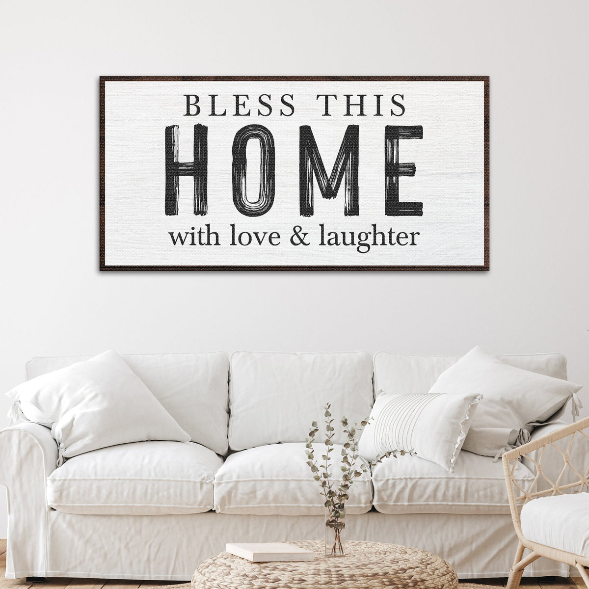 Bless This Home With Love And Laughter Sign III canvas by Tailored Canvases, black text on white on Tampa Home & Garden Store