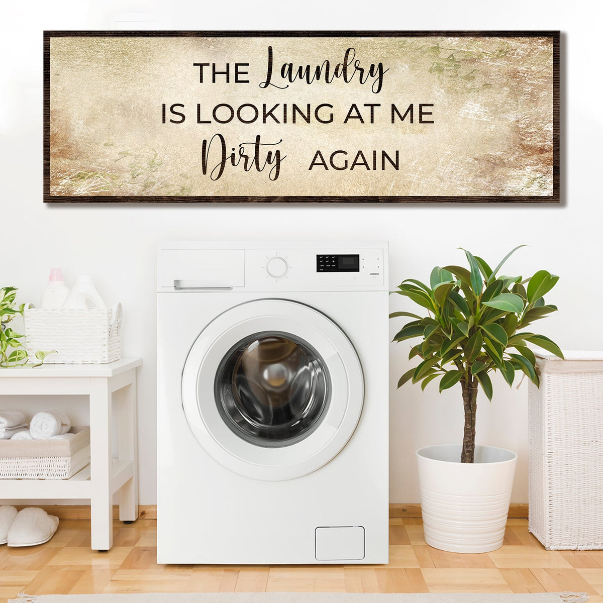 Dirty Laundry Sign II canvas wall art with rustic beige distress texture and dark wood frame on Tampa Home & Garden Store