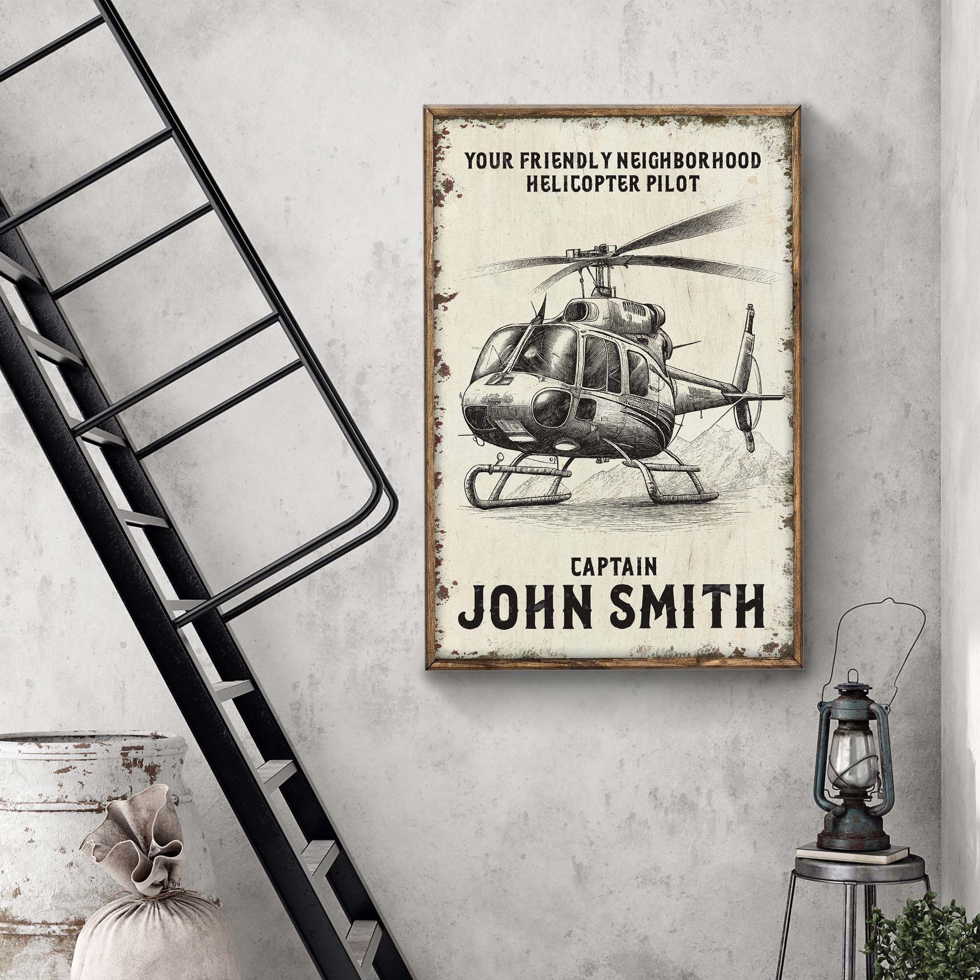Helicopter Pilot Name Sign canvas by Tailored Canvases, distressed beige sign in a wooden frame on Tampa Home & Garden Store
