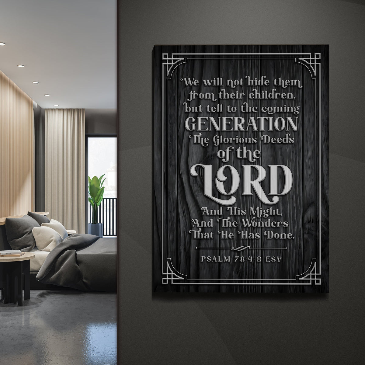 Canvas scripture sign by Tailored Canvases, black wood texture Psalm 78:4-8 ESV on Tampa Home & Garden Store